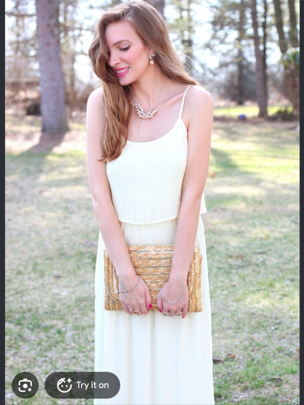 LC Lauren Conrad Cream Pleated Maxi Dress with Spaghetti Straps